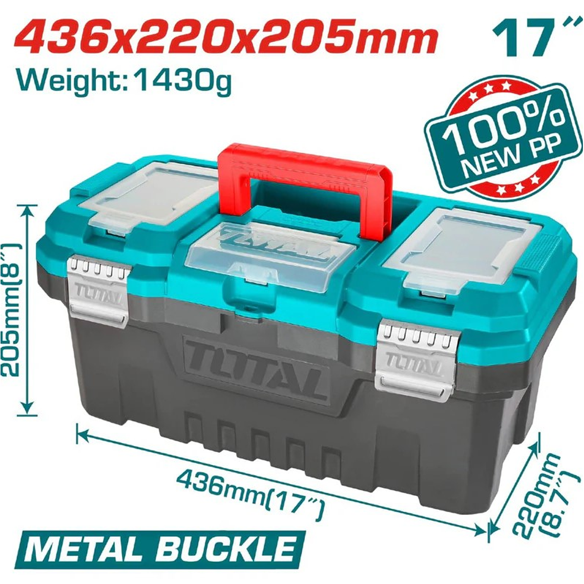 Caja de herramientas de 17 pulgadas con grapas metálicas. 1