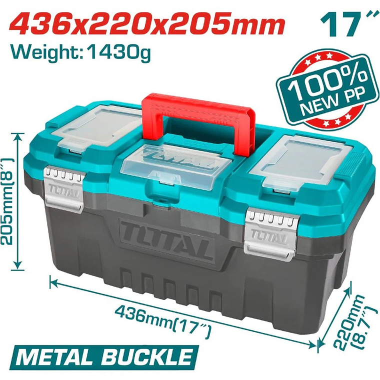 Caja de herramientas de 17 pulgadas con grapas metálicas. 1