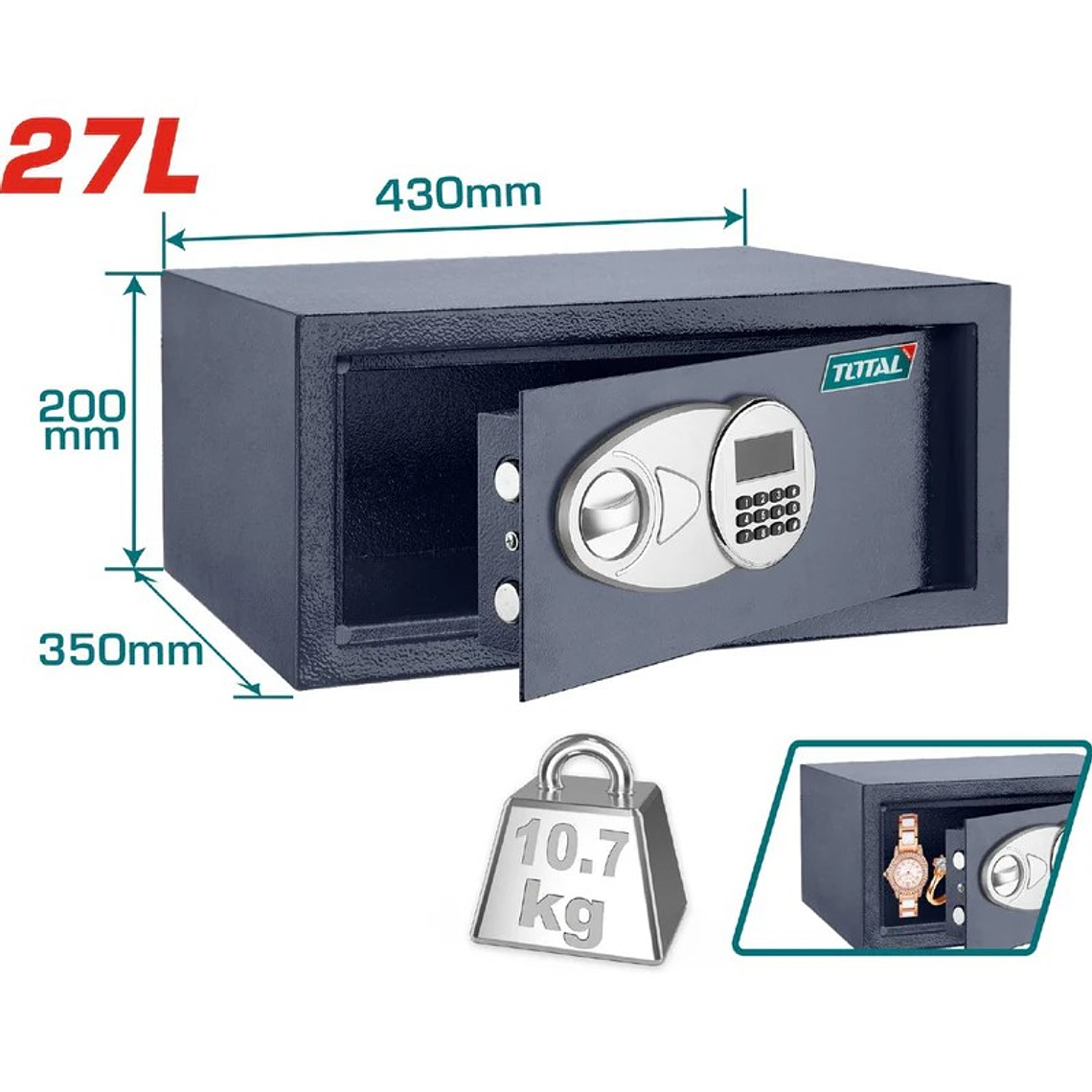 Caja de seguridad Total de 27 litros y 200 x 430 x 350 mm. 1