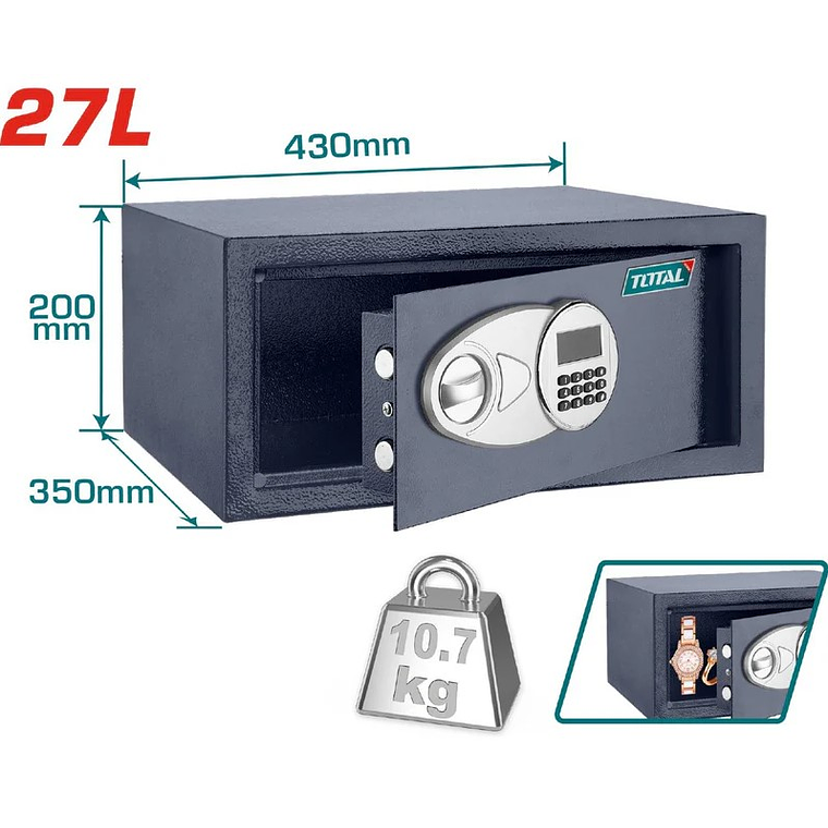 Caja de seguridad Total de 27 litros y 200 x 430 x 350 mm. 1