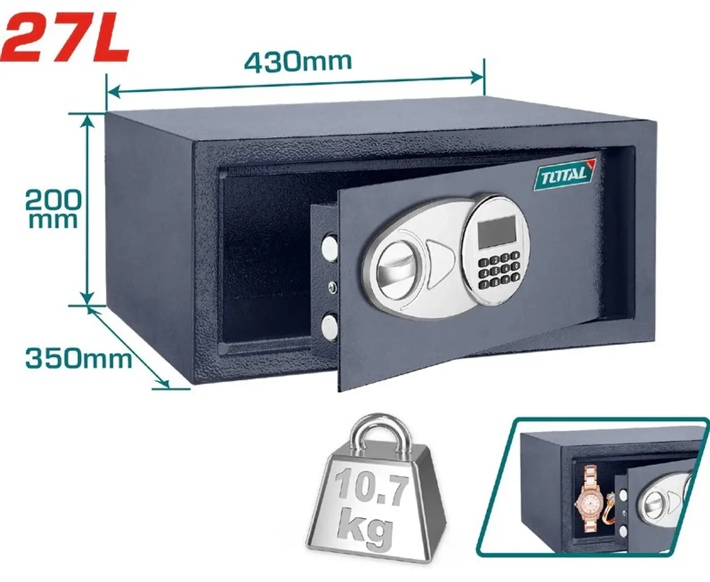 Caja de seguridad Total de 27 litros y 200 x 430 x 350 mm. 1