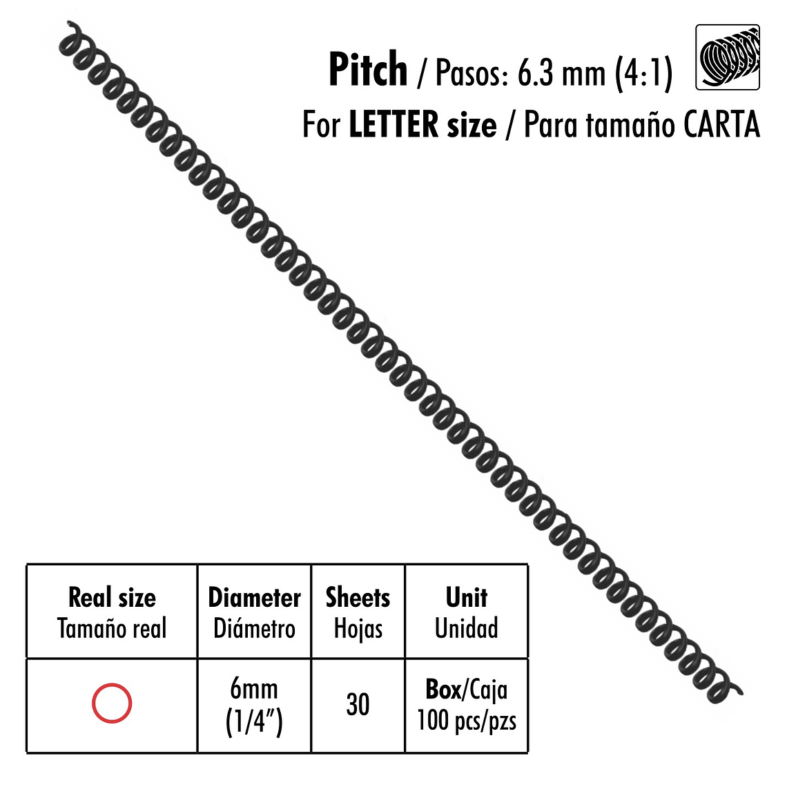 Caja de 100 Espirales Studmark de 6 mm para 30 hojas 1