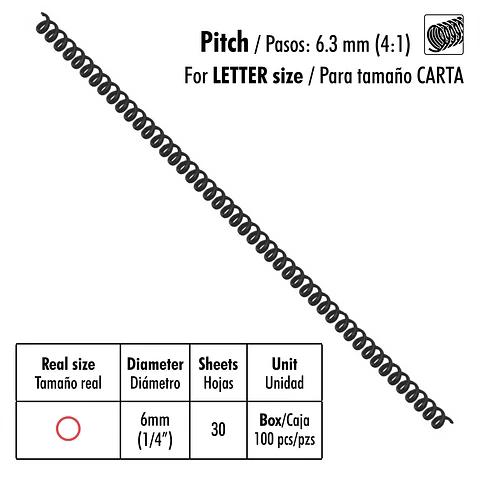 Caja de 100 Espirales Studmark de 6 mm para 30 hojas