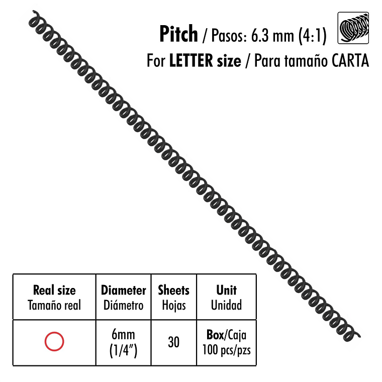Caja de 100 Espirales Studmark de 6 mm para 30 hojas 1