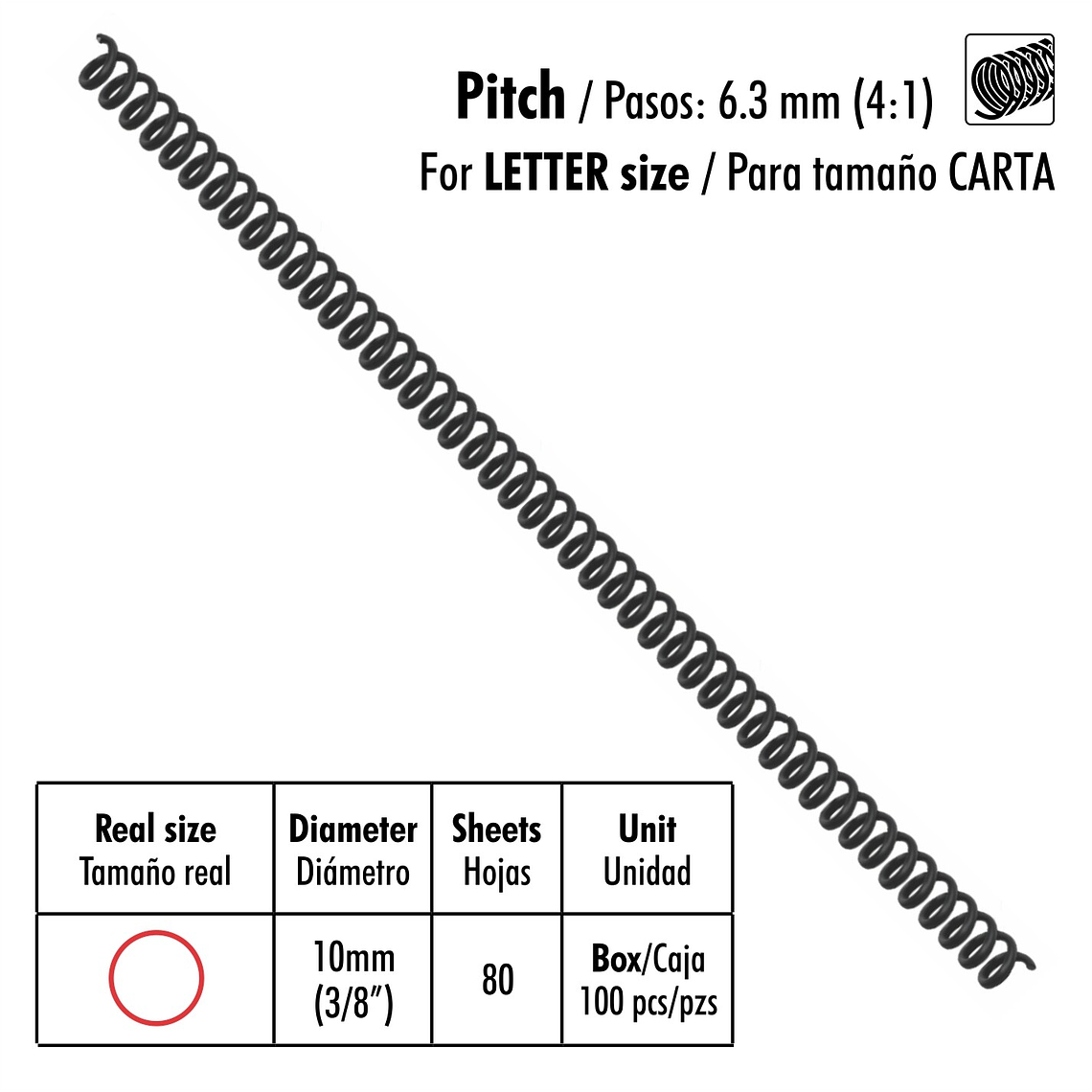 Caja de 100 Espirales Studmark de 10 mm para 80 hojas 1