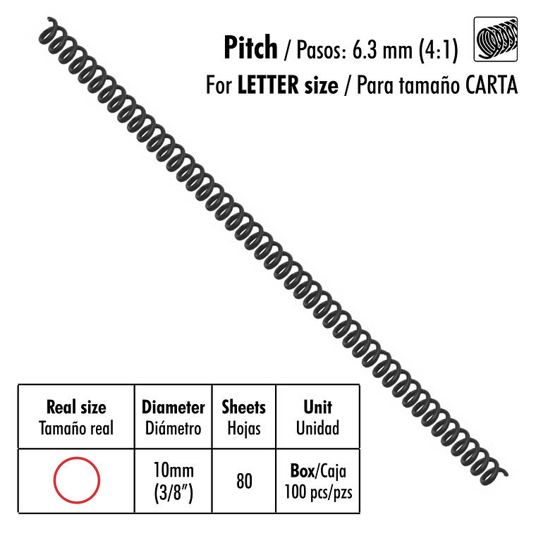 Caja de 100 Espirales Studmark de 10 mm para 80 hojas 1