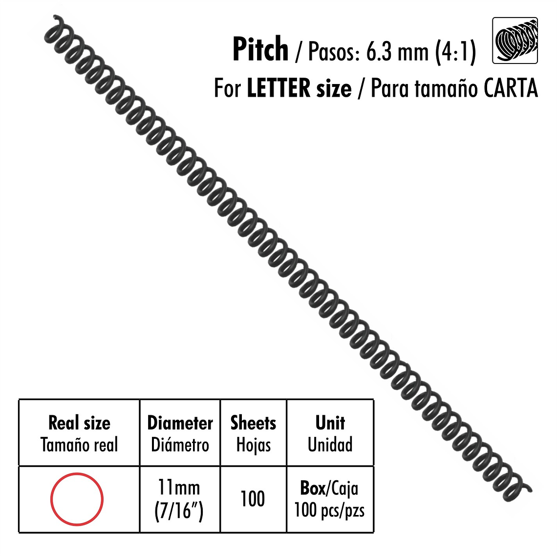 Caja de 100 Espirales Studmark de 11 mm para 100 hojas 1