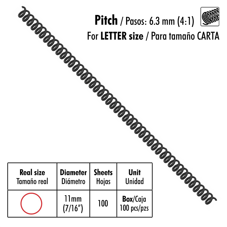 Caja de 100 Espirales Studmark de 11 mm para 100 hojas 1