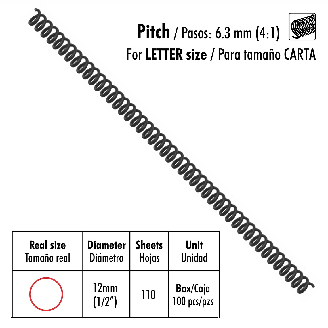 Caja de 100 Espirales Studmark de 12 mm para 110 hojas 1
