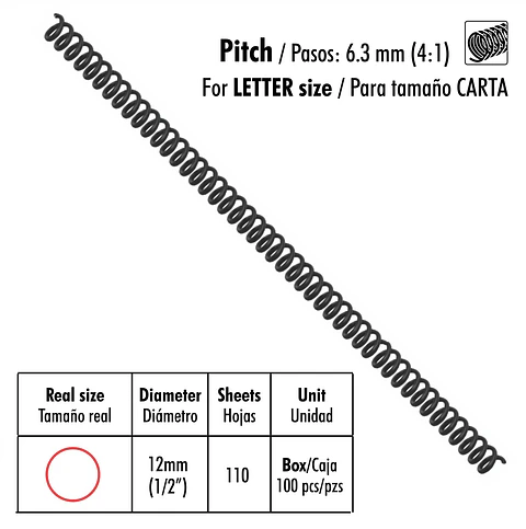 Caja de 100 Espirales Studmark de 12 mm para 110 hojas