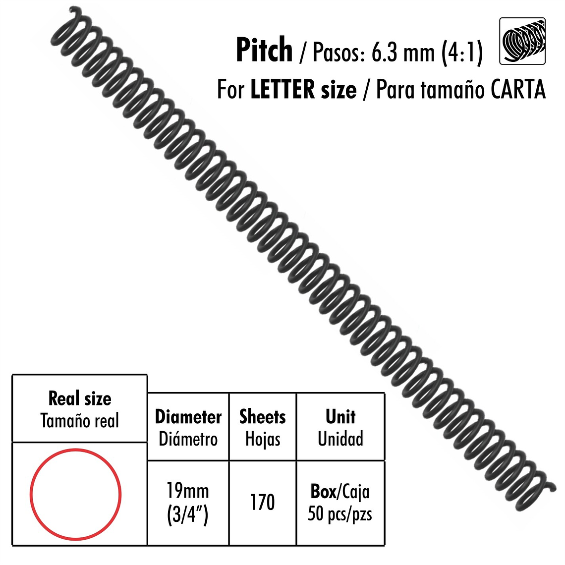 Caja de 50 Espirales Studmark de 19 mm para 170 hojas 1