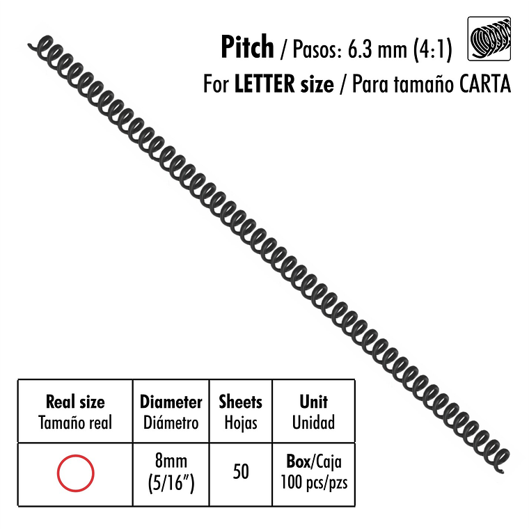 Caja de 100 Espirales Studmark de 8 mm para 50 hojas 1