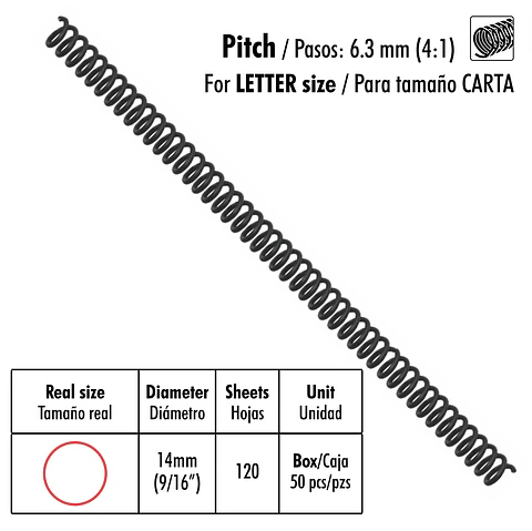 Caja de 50 Espirales Studmark de 14 mm para 120 hojas