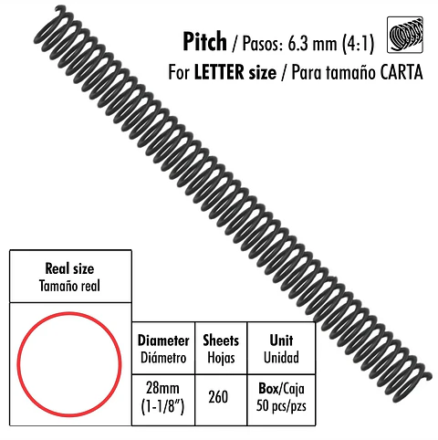 Caja de 50 Espirales Studmark de 28 mm para 260 hojas