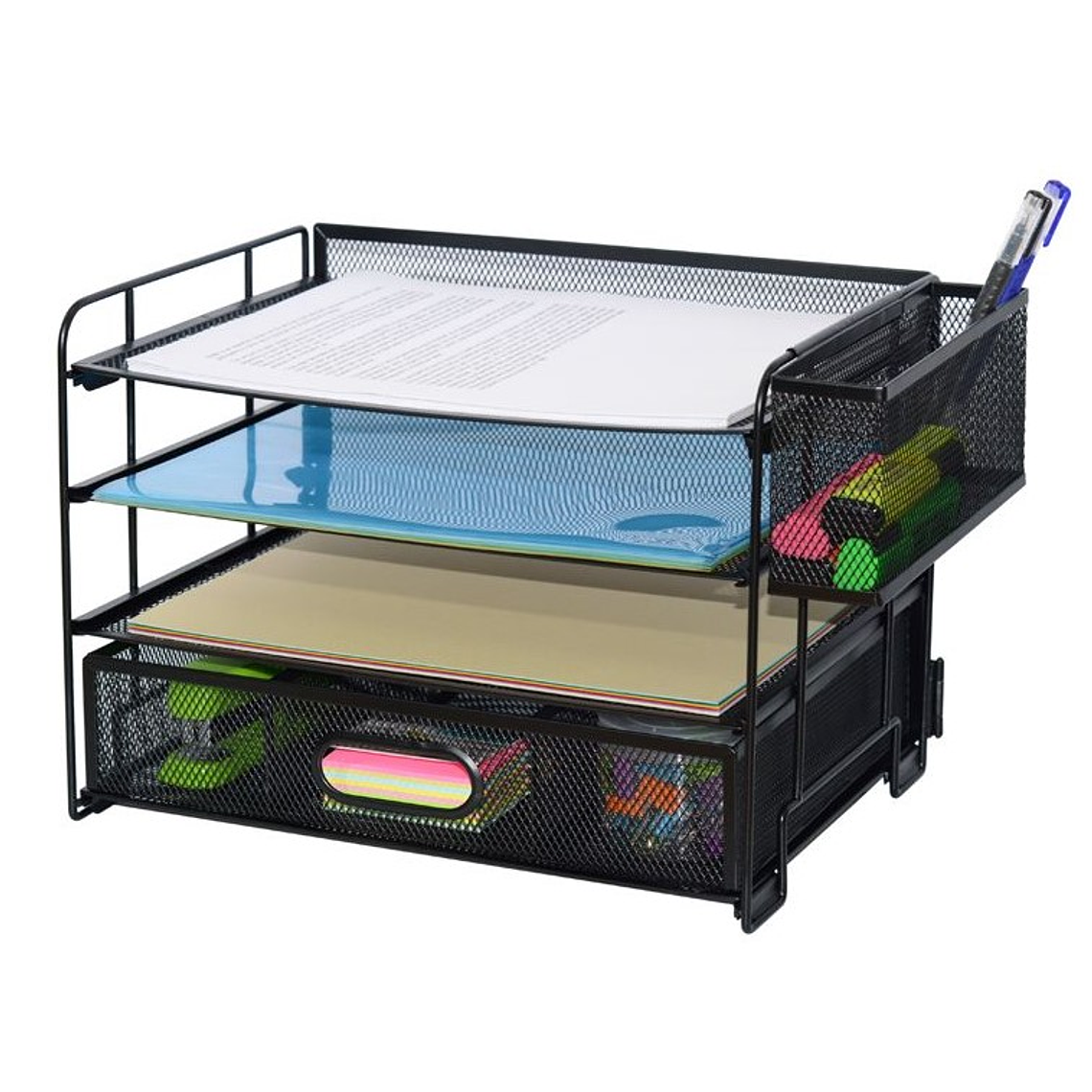 Organizador de archivos de 3 niveles con gavetas y portalápices 1