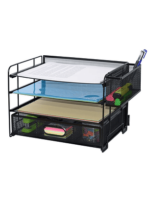 Organizador de archivos de 3 niveles con gavetas y portalápices