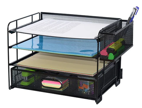 Organizador de archivos de 3 niveles con gavetas y portalápices