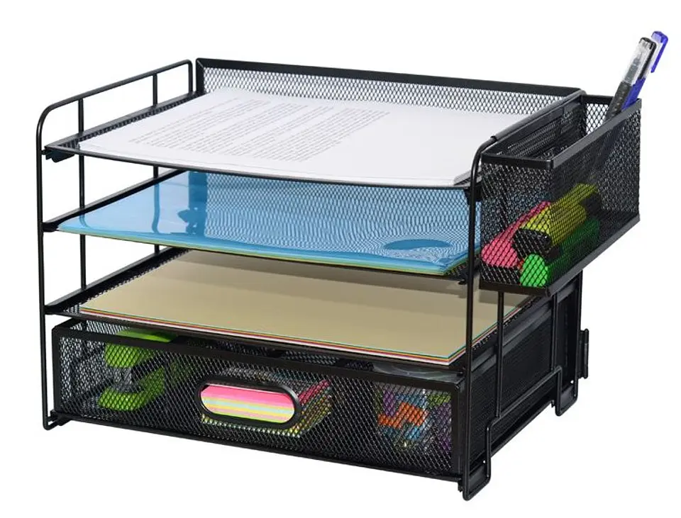 Organizador de archivos de 3 niveles con gavetas y portalápices 1