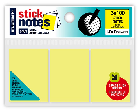 Notas Adhesivas Amarillas Studmark 1.5" x 2" 3 Pads x 100h