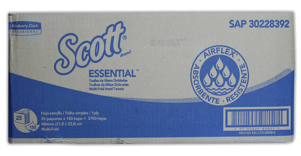 Papel Toalla Foliado Scott Essential 25 Pqts x 150 Hojas (3750 hojas) (1pliego) 1