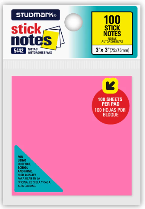 Notas Adhesivas Studmark 3"x3", color neón de 100 hojas