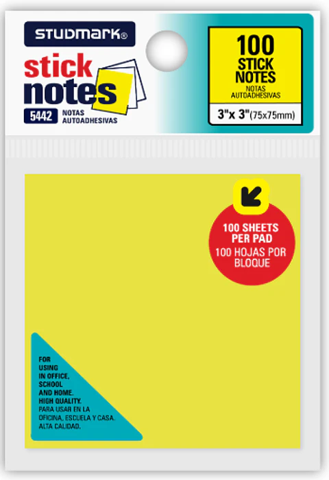 Notas Adhesivas Studmark 3"x3", color neón de 100 hojas