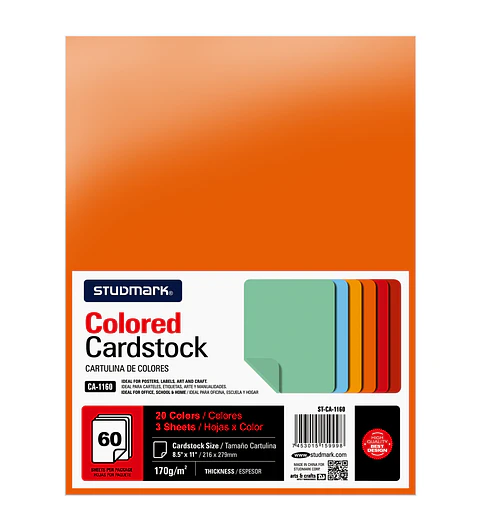 Paquete de cartulina carta que incluye 20 colores diferentes