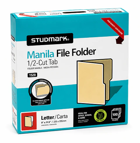 Caja de 100 Folder Manila Studmark Tamaño Carta para Archivo y Oficina