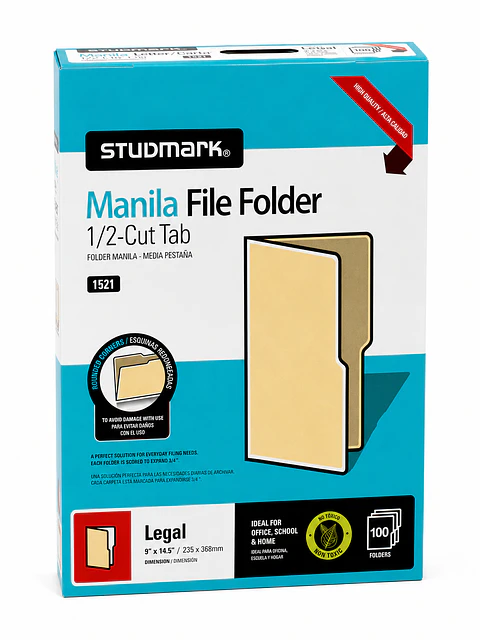 Caja de 100 Folder Manila Studmark Tamaño Legal para Archivo y Oficina