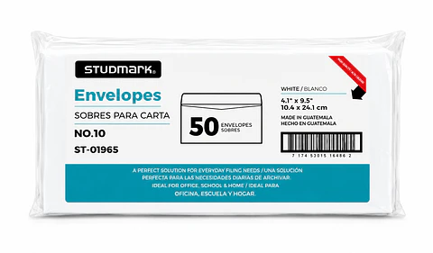 Paquete de 50 Sobres Blancos Studmark No. 10 (4" x 9.5")