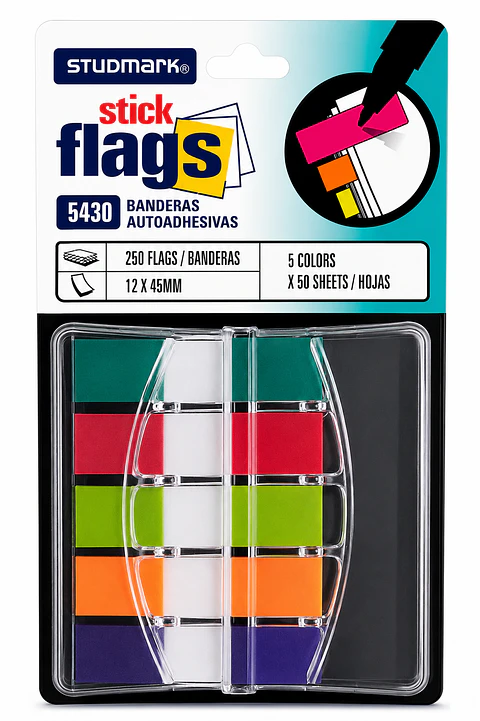 Banderitas Adhesivas Studmark 5 Colores 250 Hojas 12x45 mm