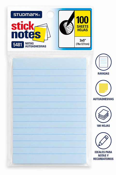 Notas Autoadhesivas Rayadas Studmark 76 x 127 mm 100 Hojas para Oficina y Escuela