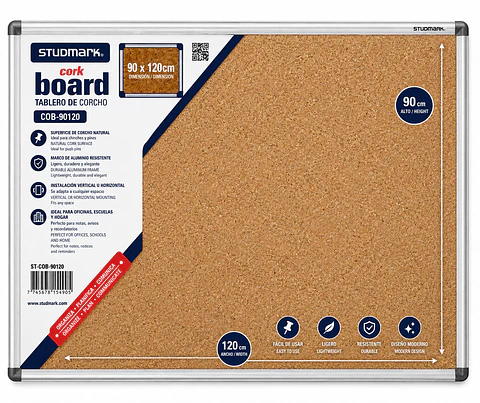 Tablero de Corcho Studmark 90 x 120 cm con Marco de Aluminio para Oficina, Escuela y Hogar
