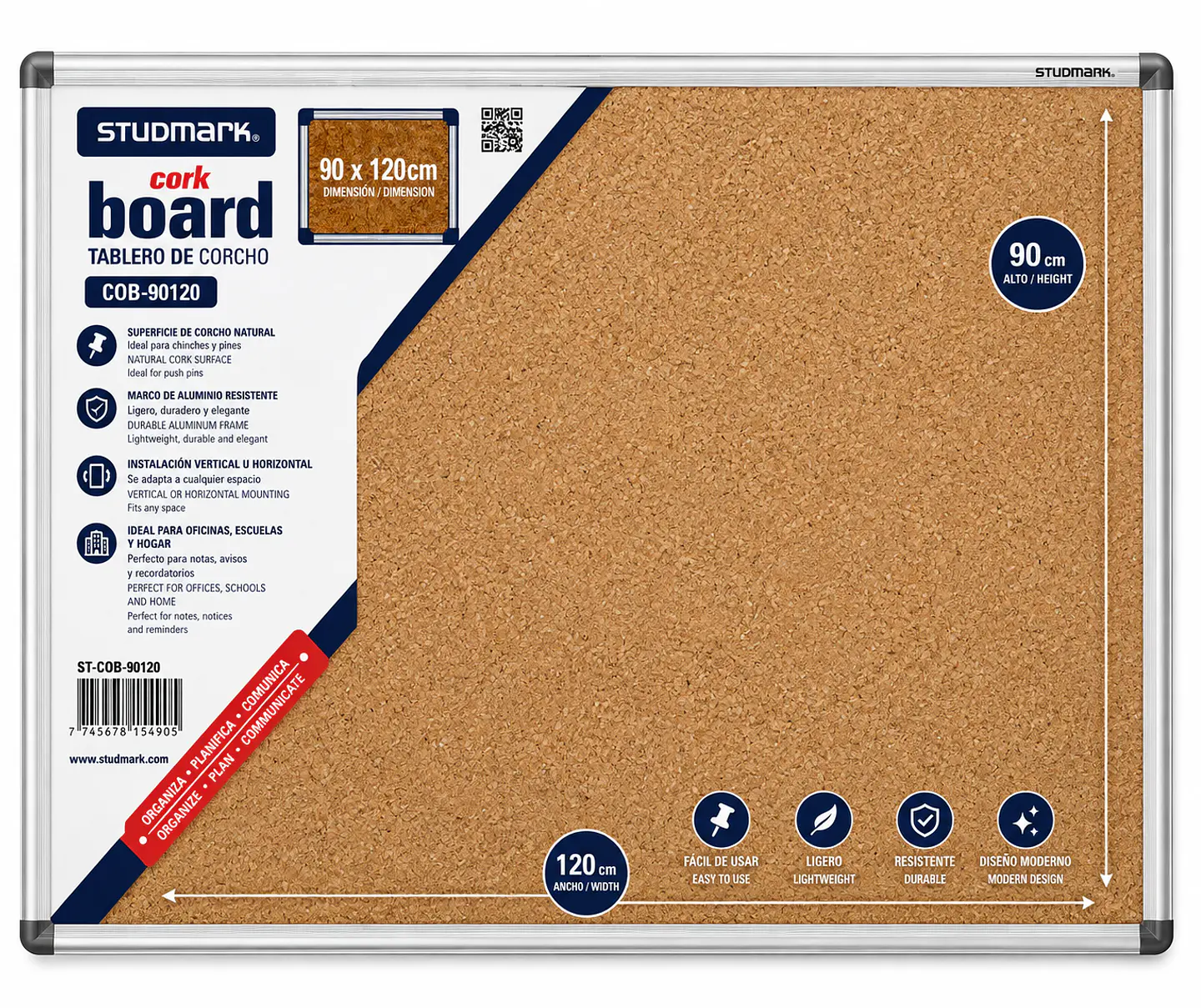 Tablero de Corcho Studmark 90 x 120 cm con Marco de Aluminio para Oficina, Escuela y Hogar 1