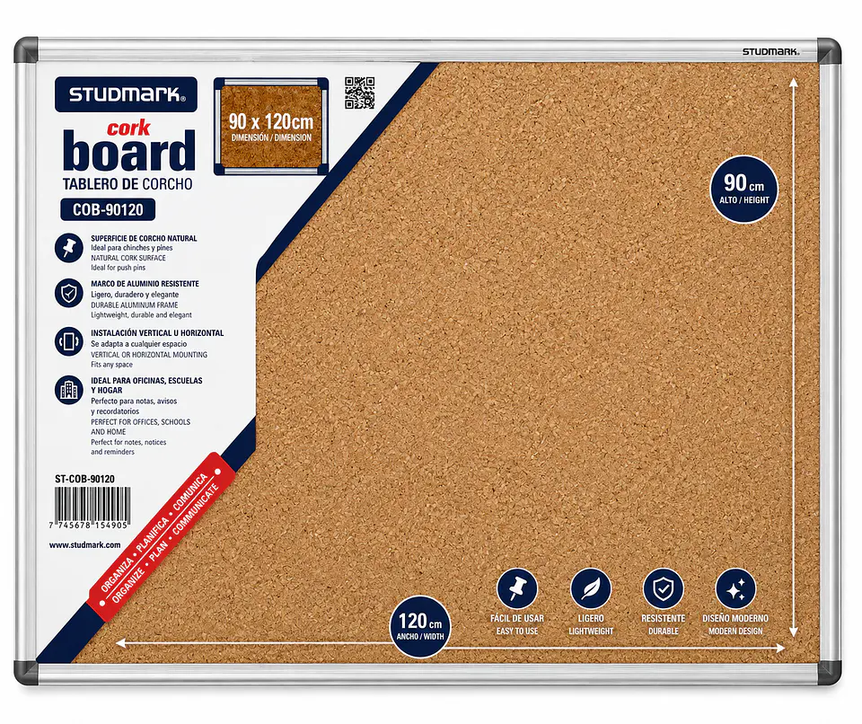 Tablero de Corcho Studmark 90 x 120 cm con Marco de Aluminio para Oficina, Escuela y Hogar 1