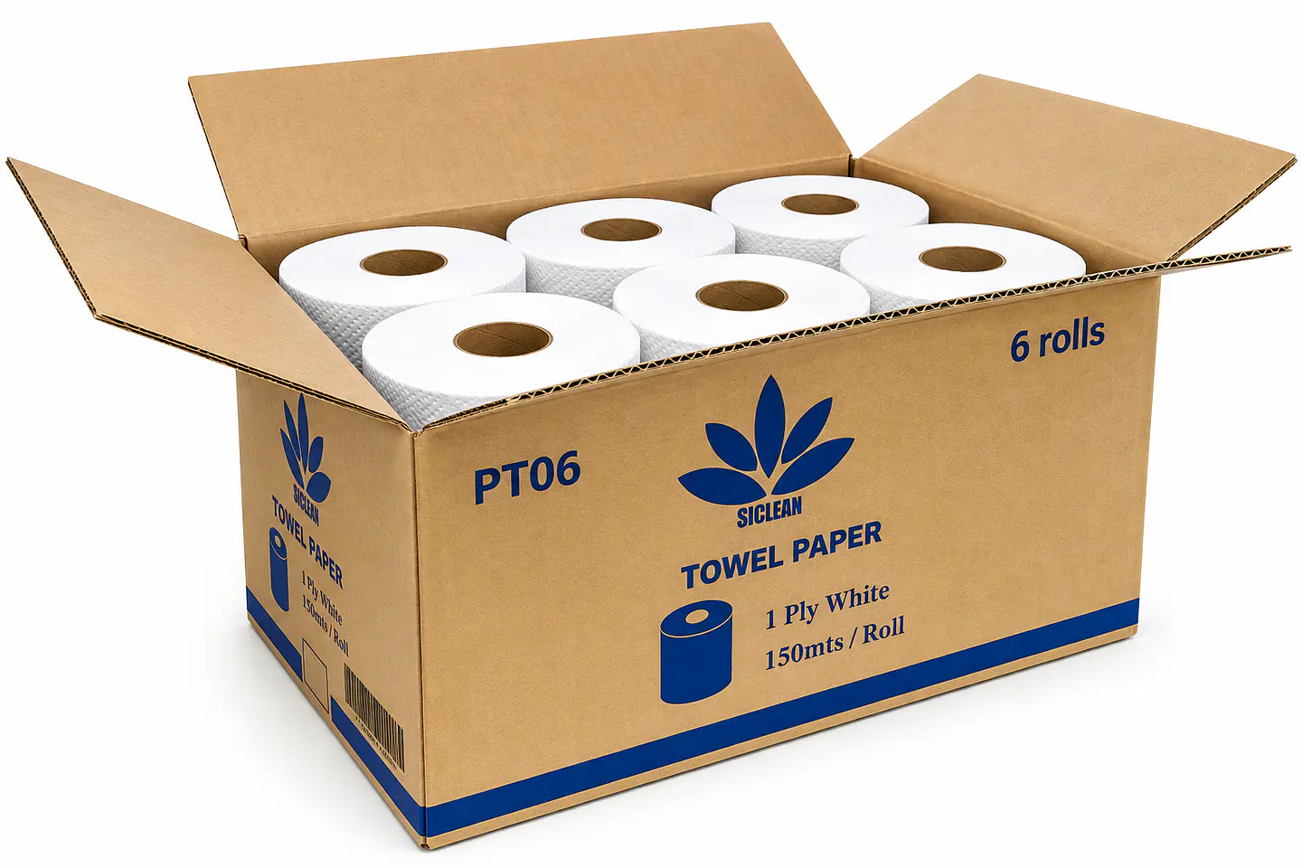 Caja de Papel Toalla Siclean 150 Metros Hoja Sencilla 6 y 12 Rollos 1