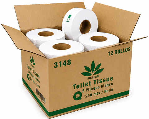 Papel Higiénico Jumbo ECO SiClean 250 Metros Doble Hoja Caja de 12 Rollos Institucional