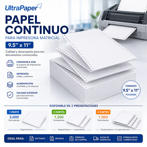Papel Continuo OCC 9.5 x 11 Pulgadas para Impresora Matricial Disponible en 1, 2 y 3 Partes