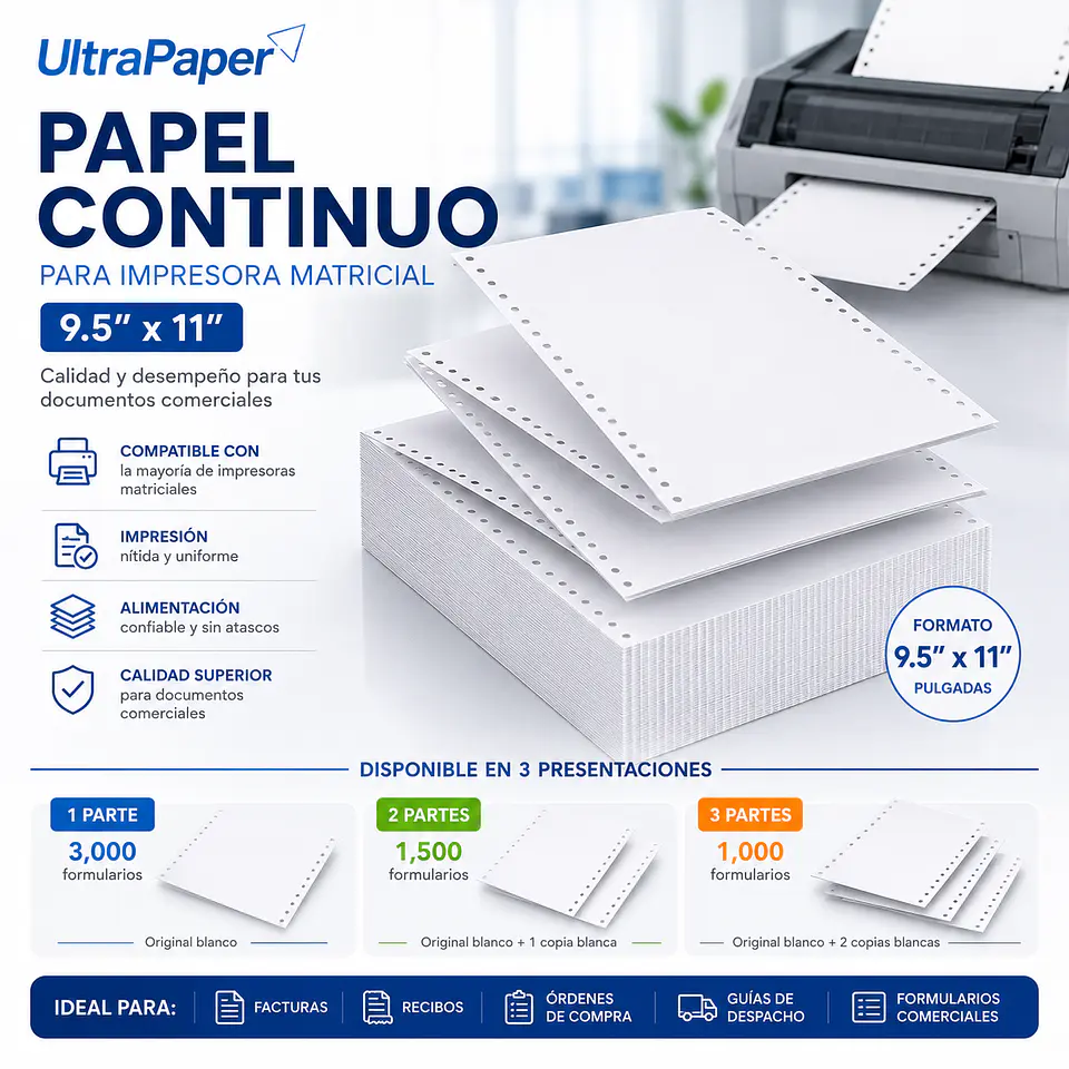 Papel Continuo OCC 9.5 x 11 Pulgadas para Impresora Matricial Disponible en 1, 2 y 3 Partes 1