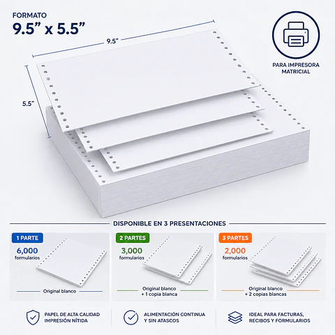 Papel Continuo UltraPaper 9.5 x 5.5 Pulgadas para Impresora Matricial Disponible en 1, 2 y 3 Partes