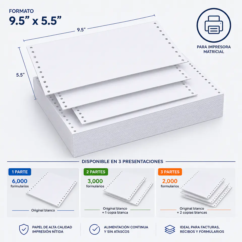 Papel Continuo UltraPaper 9.5 x 5.5 Pulgadas para Impresora Matricial Disponible en 1, 2 y 3 Partes 1