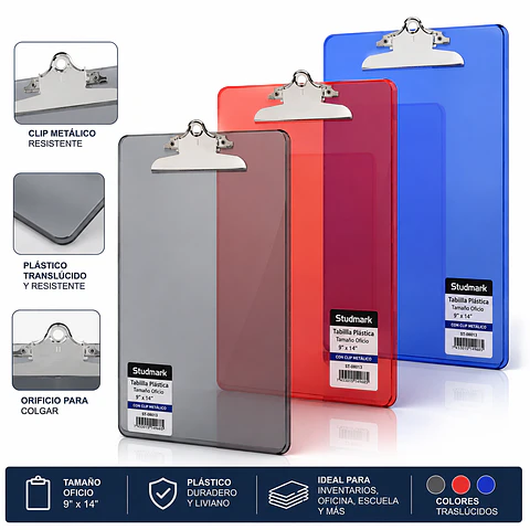 Tablilla Plástica Studmark Tamaño Oficio 9" x 14" con Clip para Inventario