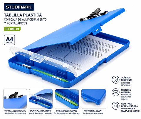 Tablilla Plástica Studmark A4 con Caja de Almacenamiento y Portalápices ST-08019