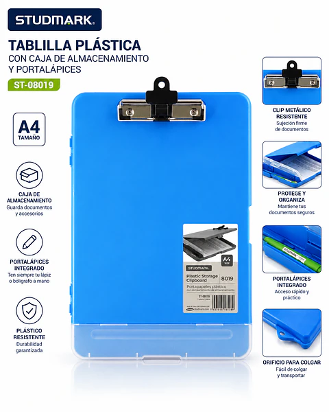 Tablilla Plástica Studmark A4 con Caja de Almacenamiento y Portalápices ST-08019