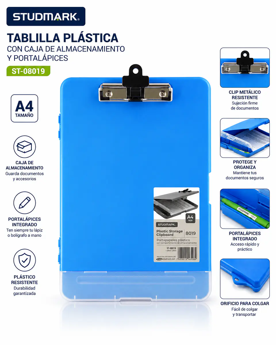 Tablilla Plástica Studmark A4 con Caja de Almacenamiento y Portalápices ST-08019 2