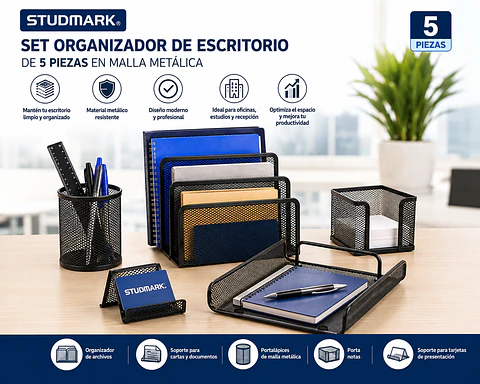 Set Organizador de Escritorio Studmark de 5 Piezas en Malla Metálica