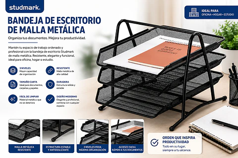 Bandeja de Escritorio Studmark de Malla Metálica para Documentos Tamaño Carta