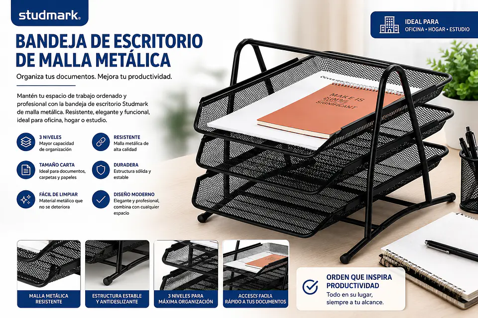 Bandeja de Escritorio Studmark de Malla Metálica para Documentos Tamaño Carta 1