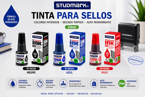 Tinta Studmark para Sellos 24 ml Azul, Negro y Rojo
