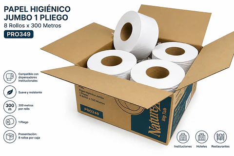 Papel Higiénico Jumbo 1 Pliego 8 Rollos x 300 Metros para Dispensadores Institucionales